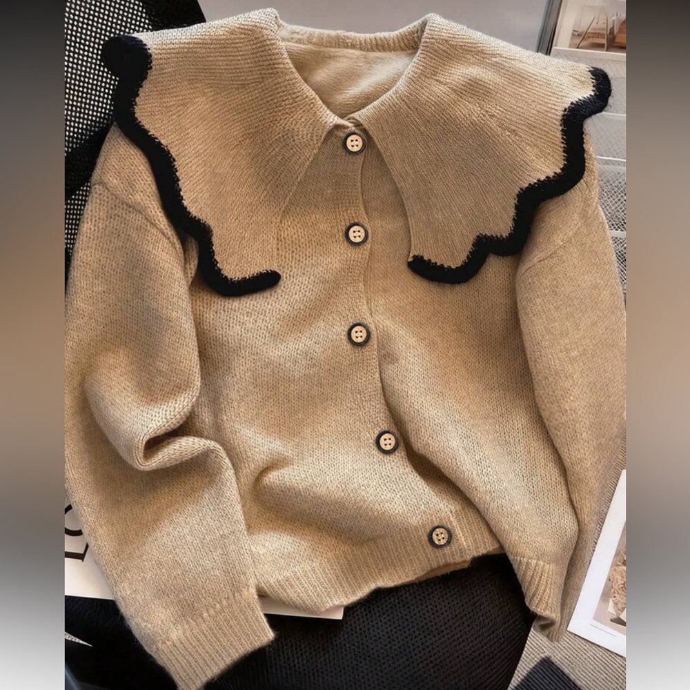 Beige Scallop-Trim Sweater